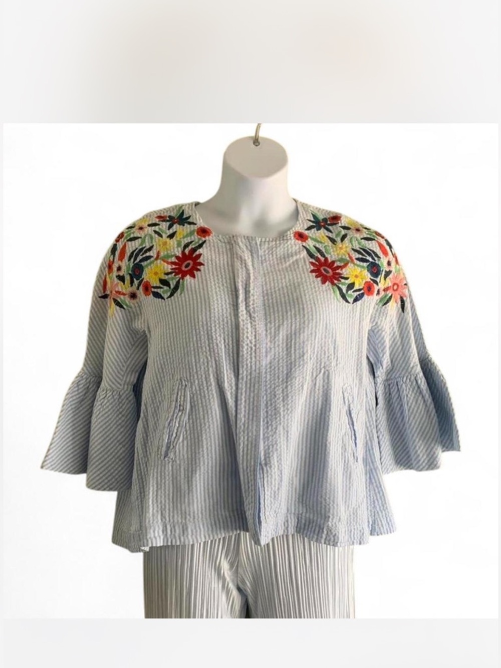 Luii Blue & White Striped Top with Multicolor Floral Shoulder Embroidery